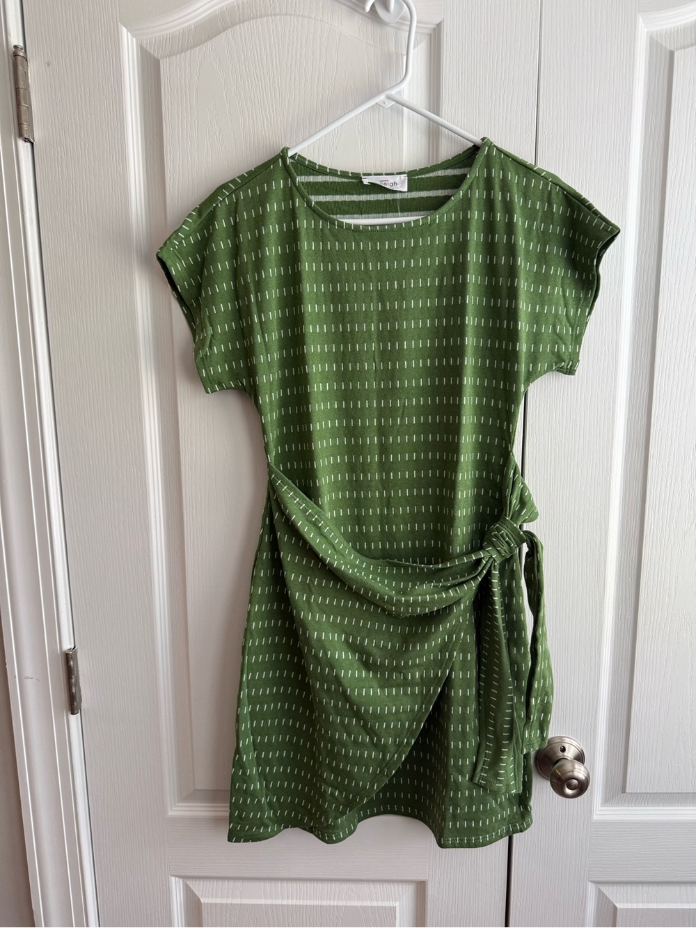 Kaileigh Women's Large Petite Green White Faux Wrap Dress Casual Short Sleeve